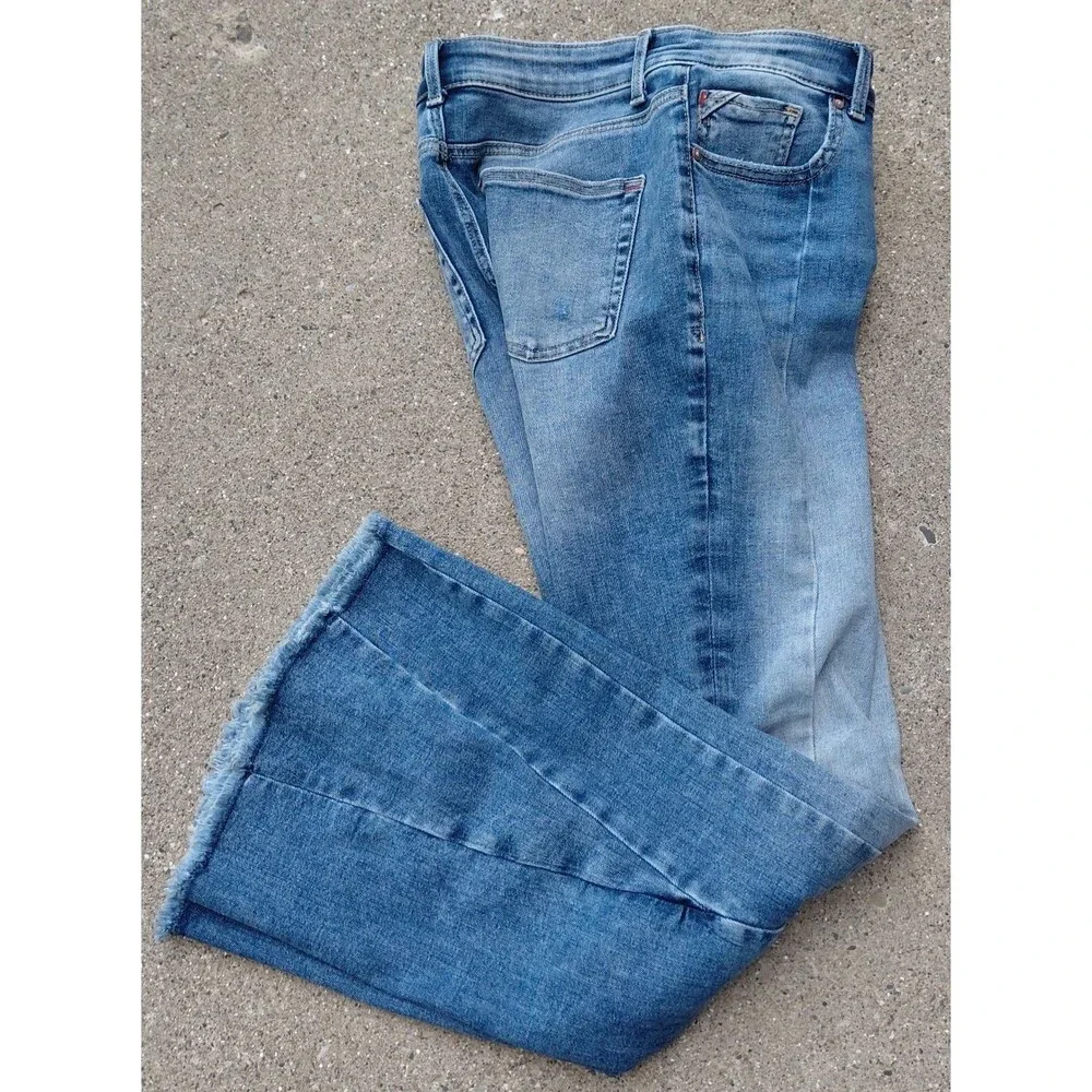 Edgely Flare Jeans Womens 10 Blue Denim High Rise Front Seam Raw Hem Comfort